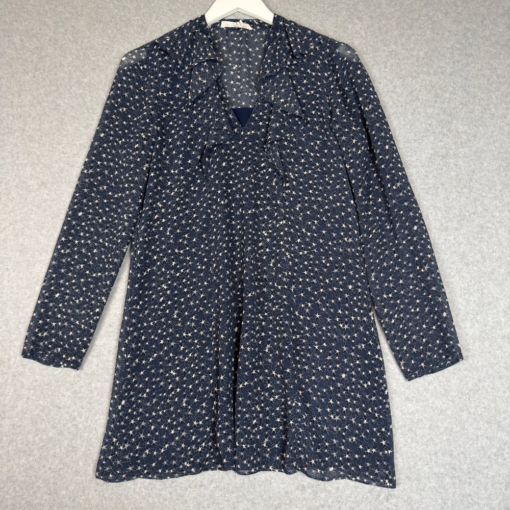 BCBGeneration Size S Navy Star Print Sheer Long Sleeve V Neck Mini Dress